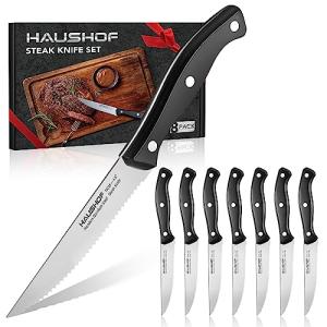 HAUSHOF Steak Knives Set of 8, Premium Stainless Steel Serrated Steak Knife Set with Gift Box, Full Tang and Ergonomic Handle, Gifts Knife Set for Mom, Dad, Wife and Husband