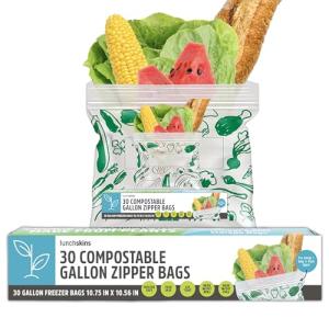 Lunchskins Ziptop Home Compostable & Resealable Freezer-Safe Food Storage Bags, Gallon Size, 30 Bags - Eco-Friendly, Made Without PFAS and BPAS