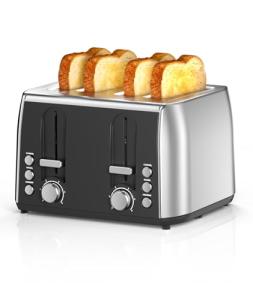 Cowsar 4 Slice Toaster, Compact Toaster with Extra Wide Slots for Toasting Bread, Bagel, Cancel/Bagel/Defrost Function, Dual Independent Controls, 6 Shade Settings, Removable Trays, Brushed Stainless