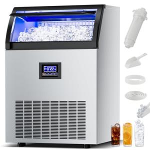 Commercial Ice Maker Machine 370Lbs/24H Freestanding Stainless Steel Under Counter Ice Maker with 80lbs Ice Storage Capacity Scoop Water Filter Pipes for Restaurant Offices Bars Home