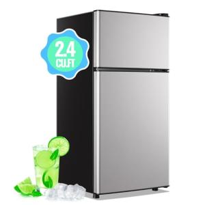 DEMULLER Mini Fridge with Freezer, 2.4 Cu.Ft Personal Refrigerator Only for One Person Use, Silver Tiny Small Size Refrigerator with 7 Level Adjustable Temperature and Double Door
