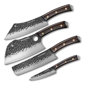 SANDEWILY 4-Piece Butcher Knife Set with 7” Cleaver, 8” Chef Knife, 8” Nakiri & 5” Utility Knife – Hand Forged Full Tang Kitchen Knives with Sharpening Stone for BBQ, Meat, Veggies & Outdoor Cooking