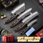 SANDEWILY 4-Piece Butcher Knife Set with 7” Cleaver, 8” Chef Knife, 8” Nakiri & 5” Utility Knife – Hand Forged Full Tang Kitchen Knives with Sharpening Stone for BBQ, Meat, Veggies & Outdoor Cooking