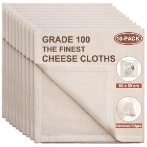eFond Cheese Cloths, 10-Pack, 20x20Inch Squares with Hemmed Edges, Grade 100 Ultra Fine Reusable Cheesecloth for Straining, Unbleached Cotton Muslin Cloths for Cooking, Nut Milk, Butter & Baking
