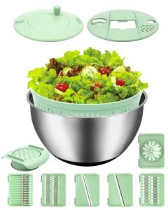 VVAKAM 5.3QT Salad Spinner Large,Stainless Steel Lettuce Spinner,Fruit Vegetables Wash Bowl with 5 Blade Slicer,Egg Yolk Strainer Slicer Shredder,Kitchen Colander for Salad Make and Food Washing