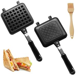 Sandwich Maker, Non-Stick Grilled Panini Maker Pan with Plates, Stovetop Toasted Sandwich Maker Aluminum Flip Frying Pan for Home Kitchen Breakfast Outdoors Camping