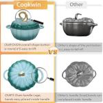 Pumpkin Dutch Oven 4.5 QT With Lid - Cyan Enamel Cast Iron Cooking Pot, Shape Soup Pot - Serves 3-5, Christmas Thanksgiving Decor Gift