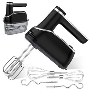 Cordless Electric Hand Mixer: 12 Speeds Powerful Handheld Mixer with 6 Stainless Steel Attachments (2 Beaters, 2 Dough Hooks, 2 Whisks), Snap-On Storage Case & Eject Button (Black)