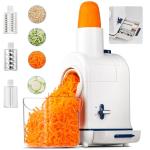 Electric Cheese Grater, Salad Maker, 3 Replaceable Stainless Blades, Food Container, Built-in Blade Storage, Electric Salad Machine for Cheeses, Fruits, Vegetables – Easy Cleanup & Assembly (White)