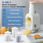 Electric Cheese Grater, Salad Maker, 3 Replaceable Stainless Blades, Food Container, Built-in Blade Storage, Electric Salad Machine for Cheeses, Fruits, Vegetables – Easy Cleanup & Assembly (White)