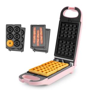 AROMA® Swap & Flip Waffle Maker with Removable Plates: 3-in-1 Panini Press, Mini Donut Maker, and Waffle Iron