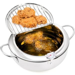 Yopay Deep Fryer Pot 304 Stainless Steel, 3.4L Frying Chicken Pot with Thermometer Control and Lid, Japanese Style Tempura Fryer Pot