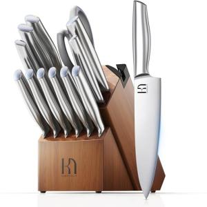 KnifeSaga Kitchen Knife Set 14 Piece Premium Japanese High Carbon Stainless Steel Knife Block Sets with Built-in Sharpener, Razor Sharp Knives Set for Kitchen, Quality Acacia Wood Block Knife Set