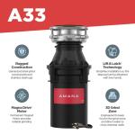 Amana A33 Kitchen Garbage Disposal with Power Cord, 1/3 HP Motor Continuous Feed Food Waste Disposer, A33 W/C