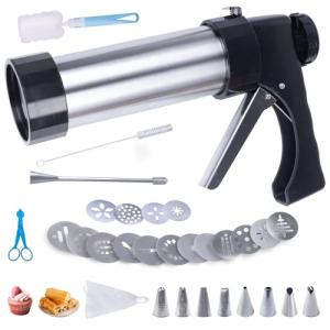 Churro Maker,Churros Maker Machine,Cookie Press,Cookie Press Gun,Churro Machine with 16 Cookies Discs,8 Piping Nozzles,2Brushes,1 Piping Bag,2 Brush,1 Piping Scissors and Operation Instruction