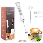 Rechargeable Milk Frother Handheld For Coffee,3 Speeds Frother Wand With Stand, Batidora De Mano Electrica,Coffee Frother With 2 Heads,Drink Mixer Electric Handheld,Kitchen Essentials (White 1)