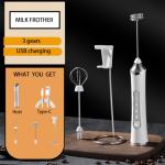 Rechargeable Milk Frother Handheld For Coffee,3 Speeds Frother Wand With Stand, Batidora De Mano Electrica,Coffee Frother With 2 Heads,Drink Mixer Electric Handheld,Kitchen Essentials (White 1)