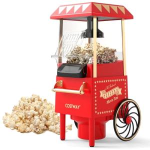 COSTWAY Retro Hot Air Popcorn Maker 1200W, Oil-Free & Fat-Free, Makes 12 Cups, Countertop Popcorn Machine with Kernel Measuring Cup for Home Party, Movie Night