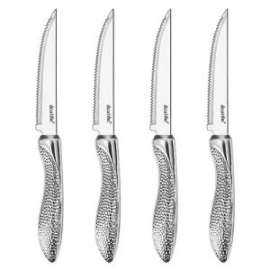 dearithe Steak Knives Set of 4, Stainless Steel Serrated Sharp Blade Flatware Steak Knife Set, Hammered Pattern Hollowed Handle,4.5 In,For Kitchen Restaurant Tableware, Dishwasher Safe