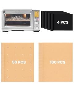 154PCs Air Fryer Liners Compatible with Breville BOV900BSS Smart Oven Air Fryer Pro, 100PCS Parchment Paper, 50PCS Perforated Liners, 4PCS Teflon Baking Mats Accessories for BOV900 Series
