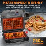 Baker’s Friend 3 in 1 Mini Waffle Maker with Removable Plates, Dual Waffle & Pancake and Grill Plates, Breakfast Sandwich Maker Press, Dishwasher Safe, Non-stick Coating, Graphite