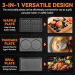 Baker’s Friend 3 in 1 Mini Waffle Maker with Removable Plates, Dual Waffle & Pancake and Grill Plates, Breakfast Sandwich Maker Press, Dishwasher Safe, Non-stick Coating, Graphite