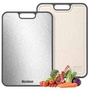 Stainless Steel Cutting Boards for Kitchen, 2-in-1 Double Sided Cutting Board Non-Toxic Wheat Straw PP, Large Chopping Board for Meat and Fruit, Non-Slip, Gifts for Housewarming 16”×11”