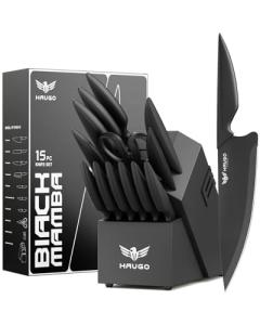 Knife Set - Haugo 15 PCS Kitchen Knife Set with Built in Sharpener - High Carbon German Stainless Steel - Dishwasher Safe Knife Block Set - Anti-Slip Handle - Black Mamba Series