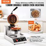 VEVOR Commercial Waffle Maker, 1300W Round Waffle Iron, Non-Stick Rotatable Waffle Baker Machine With 122-572℉ Temp Range and Time Control, Teflon-Coated Baking Pan Stainless Steel Body 120V