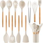 Silicone Cooking Utensil Set,12 PCS Cooking Cookware Kitchen Utensils Set for Cooking, Nonstick 446°F Heat-Resistant Cookware Kitchen Tools of Spoon,Brush,Whisk,Spatula,Turner Tongs (Khaki)