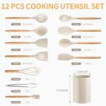 Silicone Cooking Utensil Set,12 PCS Cooking Cookware Kitchen Utensils Set for Cooking, Nonstick 446°F Heat-Resistant Cookware Kitchen Tools of Spoon,Brush,Whisk,Spatula,Turner Tongs (Khaki)