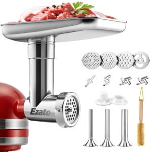 EZATO Stainless Steel Meat Grinder Attachments for KitchenAid, Sausage Stuffer, Compatible with KitchenAid Stand Mixer of All Models, Dishwasher Safe