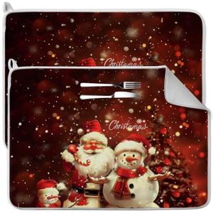 2 Pcs XXL Christmas Dish Drying Mat,Absorbent Microfiber Mats with Santa Claus Snowman Pattern,Large 24 x 17" Dishes Drainer Pad for Xmas Decoration,Winter Festival,Kitchen Counter,Coffee Countertops
