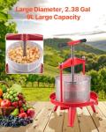 VEVOR 2.38 Gal/9L Fruit Wine Press, Stainless Steel Basket with Cross-beam and Triangular Structure, Manual Juice Maker, Cider Apple Grape Tincture Making Press with T-Handle for Kitchen Home