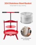 VEVOR 2.38 Gal/9L Fruit Wine Press, Stainless Steel Basket with Cross-beam and Triangular Structure, Manual Juice Maker, Cider Apple Grape Tincture Making Press with T-Handle for Kitchen Home