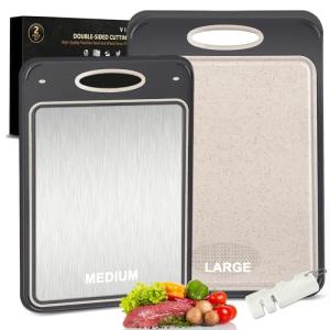 2Pack Stainless Steel Cutting Board,Double Sided Steel for kitchen Stainless Steel/Wheat Straw PP Cutting Board for meat, Large and Medium, Extra Pocekt Knife Sharpener