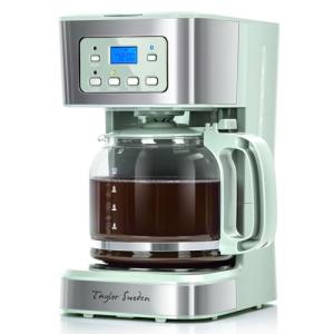 Taylor Swoden 12-Cup Programmable Coffee Maker, Regular & Strong Brew Drip Coffee Machine for Home and Office, Glass Carafe, Pause & Serve, Auto Shut Off, Green & Stainless Steel