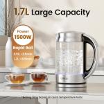 TOPZEE 1.7L Glass Electric Kettle for Coffee & Tea, Hot Water Boiler with 6 Preset Temperatures, Keep Warm and Memory Function, Auto Shut-off & Dry Boil Protection, BPA Free, Rapid Boil, 1500W, Silver