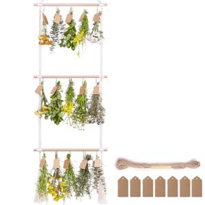 PROTITOUS 3Tier Herb Drying Rack Flower Drying with 25PCS Brown Gift Tags and 32ft Natural Jute Twine herb Dryer,Herb Drying Rack,Hanging Herb Dryer Rack, Ivory