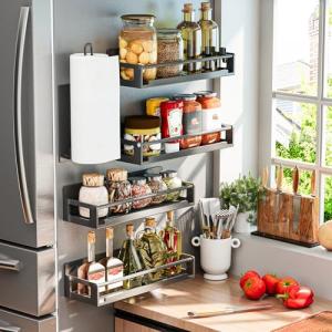 adoymiro 5 Pack Magnetic Spice Storage Rack Organizer for Refrigerator and Oven, Black Fridge Organizers and Storage, Paper towel holder, Punch and no-punch dual purpose (Black, 5p)