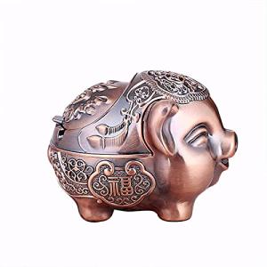 LIABI Pig Ashtray, Windproof Ashtray with Lid Portable Cigarette Odor Ashtrays Holder for Outdoor Indoor Smokers, Vintage Metal Desktop Smoking Tobacco Ash Tray for Home Office Decoration (Red Copper)