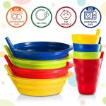 PLASKIDY Cereal Bowls with Straws & Kids Straw Cups - Set of 4 Kids Plastic Bowls with Straws & 4 Straw Cups for Kids BPA Free Dishwasher Safe Kids Bowls with Built-In Straw Include 3 Cleaning Brushes