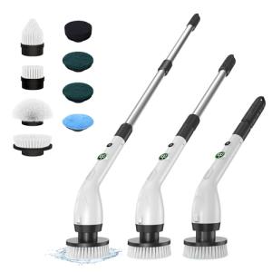Electric Spin Scrubber, Cleaning Brush with 8 Brush Heads, IPX7 Waterproof LED Display, Adjustable Extension Handle Shower Scrubber for Bathroom Floor Tub Tile (Black)