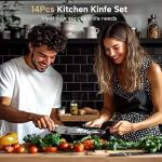 Amorston Knife Set, 14 Pcs Kitchen Knives Block Set for Mirror Blade Design, German Stainless Steel Knife Sets with Sharpening Stone, Dishwasher Safe Perfect Holiday Gifts for Kitchen, Black