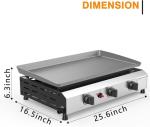 ADREAK 3 Burner BBQ Flat Top Grill, 25.6 Inch Stainless Steel Portable Detachable Gas Griddle, 30,000 BTU Propane Griddle for Camping