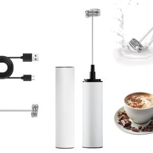 YANDEA Electric Milk Frother Handheld Rechargeable with Cover-Coffee Frother Wand, Drink Mixer Handheld with Double Spring Coil Whisk 2 Speed Adjustable for Latte, Cappuccino, Matcha, Egg (White)
