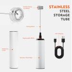 YANDEA Electric Milk Frother Handheld Rechargeable with Cover-Coffee Frother Wand, Drink Mixer Handheld with Double Spring Coil Whisk 2 Speed Adjustable for Latte, Cappuccino, Matcha, Egg (White)