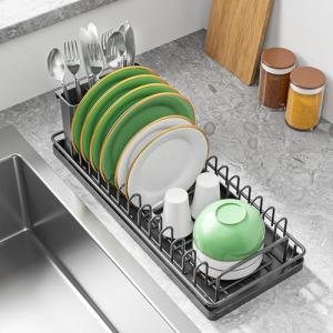 XYZLVSI Small Sink Dish Drying Rack with Drainboard and Utensil Holder, Rustproof Compact Dish Drainer Plate Organizer for Kitchen Countertop & Over The Sink, Black