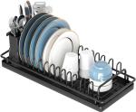 XYZLVSI Small Sink Dish Drying Rack with Drainboard and Utensil Holder, Rustproof Compact Dish Drainer Plate Organizer for Kitchen Countertop & Over The Sink, Black