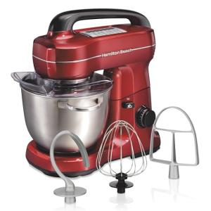 Hamilton Beach Electric Stand Mixer, 4 Quarts, Dough Hook, Flat Beater Attachments, Splash Guard, 7 Speeds with Whisk, Easy-Carry Top Handle, Red